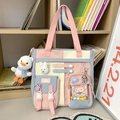 Pink and blue patchwork canvas school backpack with cute plush charms and badges - Single Shoulder Bag with Charms and Badges / Blue
