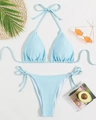 Light blue triangle bikini set with halter neck and side tie bottoms in flat lay - Sky Blue (Bikini Set)