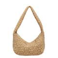Beige floral quilted hobo bag with puffer texture and minimalist puff shoulder strap - Khaki
