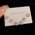 Three-pair silver four-leaf clover stud earring set with S925 needles and clear zircons - Silver-Full Rhinestone Four-Leaf Flower Set (17#)
