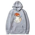 Gray Halloween hoodie with ghost holding coffee print, flat lay view on white background - Light Gray