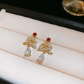 Detailed view of Christmas tree earrings with pearls and crystals in a jewelry box - 6# Silver Pin - Gold - Red (Real Gold Plated)