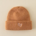 Caramel knitted beanie for kids with light purple heart embroidery and ribbed cuff - Hat / Yellow