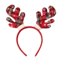 Detail of red plaid Christmas antler headband with white faux fur base on white background - Red Plaid Reindeer Antler