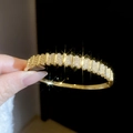 Golden double-layer open bangle with sparkling rhinestones and vertical stripe design - Gold (Ribbed Textured)