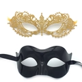 Detail of gold hollow lace and smooth black half-face masquerade masks with ribbons - 015 Gold Lace + Eye Mask