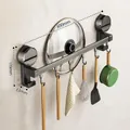 Wall-mounted suction cup kitchen storage rack with 6 hooks for utensils and pot lid - Single Bar 30cm/6 Hooks/Gun Grey