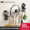 Wall-mounted suction cup kitchen storage rack with 6 hooks for utensils and pot lid - Single Bar 30cm/6 Hooks/Gun Grey