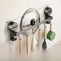Wall-mounted suction cup kitchen storage rack with 6 hooks for utensils and pot lid - Single Bar 30cm/6 Hooks/Gun Grey