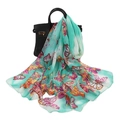 Classic turquoise chiffon leopard silk scarf with colorful butterfly print tied on bag - Large Butterfly Green