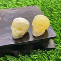 Carved yellow crystal skull miniature figurines on a natural green grass background - Golden Steatite