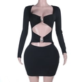 Detail of cutout waist with colorful beaded metal pins on a black bodycon dress - S / Black