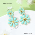 Detail of blue daisy enamel drop earrings with gold centers and size measurements - Blue