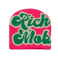 Pink knitted beanie with green Rich Mob jacquard lettering for winter streetwear - M (56-58cm) / Rose Red