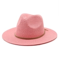 Detail of pink straw fedora hat featuring intricate woven texture and thin brown decorative band - M (56-58cm) / Dusky Pink