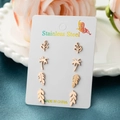 Set of 4 pairs stainless steel earrings with gold leaf and palm tree designs on card - Rose Gold
