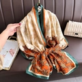 Elegant satin long scarf with orange maple leaf print and dark green border detail - Orange Starfish