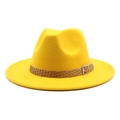 Macro detail of bright yellow felt fedora hat with brown braided faux leather band - M (56-58cm) / Yellow
