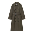 Classic olive green double-breasted long trench coat with waist belt and lapel collar - XS / Army Green