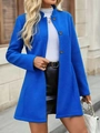 Detail of elegant bright blue wool coat with stand collar and single-breasted black buttons - S / Tops / Blue