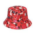 Detail of red bucket hat featuring cosmetic prints like perfume bottles and lipsticks - M (56-58cm) / Red