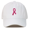 White cotton baseball cap featuring pink breast cancer awareness ribbon embroidery - White