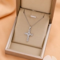 Silver cross necklace with oval zirconia pendant in premium jewelry box gift set - 9214 / Silver