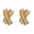 Elegant gold-plated X-shaped stud earrings with baguette and round-cut diamonds - 1 Pair / Gold White Zirconia