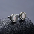 Vintage silver punk stud earrings with pink opal and sunburst texture detail - Magic Sun Pattern Pair / Antique Silver
