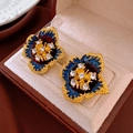 Macro detail of vintage floral earrings with blue enamel petals and sparkling rhinestones - Gold Dark Blue Flower Style (19#)