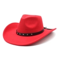 Detailed view of red wool felt jazz hat with black leather star studded band - M(56-58cm) / Red