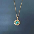 Gold sunflower necklace with teal starry gemstone and sparkling white crystals - Gold - Dreamy Sun