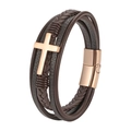 Brown multilayer leather cross bracelet for men with rose gold magnetic clasp and braided cords - Rose Gold