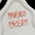 3D-Kunstnägel-Set mit rosa Farbverlauf, süßen Zeichentrickbären und Erdbeer-Anhängern - XS / 2957-Neuer Chinesischer Stil (Blush Rosa Weiß)