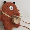 Bolso bandolera infantil de pana marrón con diseño de oso y mini bolsa de cuero - Marrón