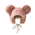 Süße rosa Plüsch Baby Wintermütze mit Bärenohren und Kinnriemen für warmen Ohrenschutz - 56-58cm / Rosa
