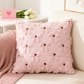 Pink plush square pillow cover with red heart pattern on beige sofa with knit blanket - 18x18 Inch / Pink Heart Bowknot