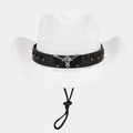 Detail of white straw cowboy hat featuring silver bull head ornament and black braided band - White