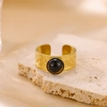 Vintage gold-plated titanium steel ring with round black agate and celtic texture - Gold-Black Agate