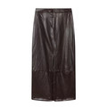 Deep burgundy faux leather high-waist midi skirt with front slit and matching belt - XS / Skirt/Dark Brown
