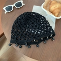 Handmade black crochet beanie with hollow knit design and fringe bead details - One Size / Black