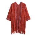 Bohemian red crochet knit cardigan with colorful accents and fringe hem detail - Red
