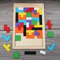 Colorful wooden tetris blocks and puzzle pieces on a natural wood intelligence base - Regular Russian Block