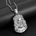 Silver Jesus piece pendant necklace with thorn crown on square box chain for men - Rhinestone Charm / Silver with Rhinestones