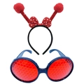 Ladybug party set with red polka dot headband and blue novelty glasses for costumes - Full Red Antenna Bow Set