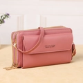 Women's multi-zipper crossbody phone bag in dusty rose faux leather finish - Deep Pink