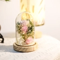 Dettaglio di rosa rosa stabilizzata con luci LED sotto una cupola di plastica trasparente - Base in legno / Rosa