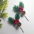 Detail of artificial pine needle stem with red berries and natural pinecone for DIY crafts - Double Leaves 1 Pinecone 3 Red Berries