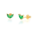 Detailed close-up of 925 sterling silver leaf studs with green marquise zircon - Gold / Green Zirconia