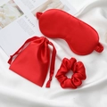Three-piece red silk sleep set with eye mask, scrunchie and drawstring bag in gift layout - Bright Red 3-Piece Set